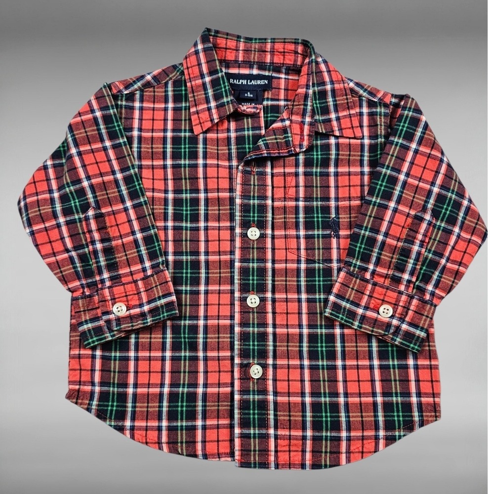VIntage Y2K Ralph Lauren Button Down Plaid Preppy Pony Logo Shirt Boys 3-6M